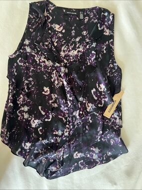 Dkny Black and Purple Floral Ruffle top small shirt nwt new